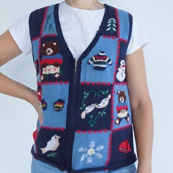 Vintage Capacity Navy & Blue Embroidered Teddy Bear Winter Knit Zip Up Vest S - Picture 1 of 9
